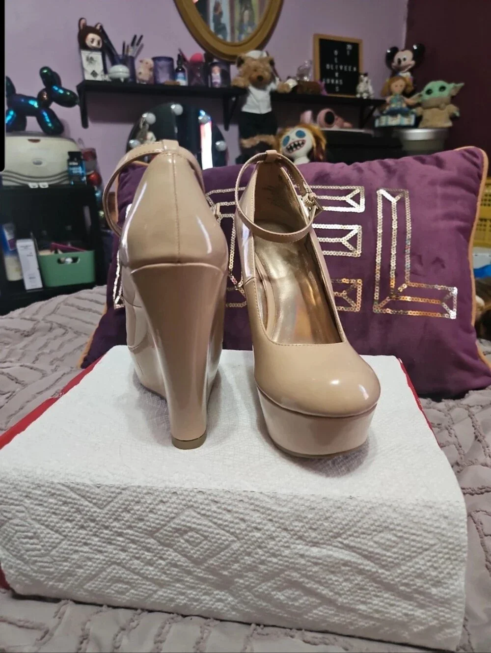 Bethany Mota Nude Patent Platform Wedge Pumps